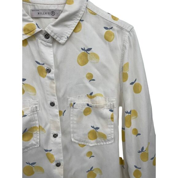 Billy T Lemon Print Shirt Button Down Roll Tab Sleeves High Low Hem Size Small - Picture 2 of 13